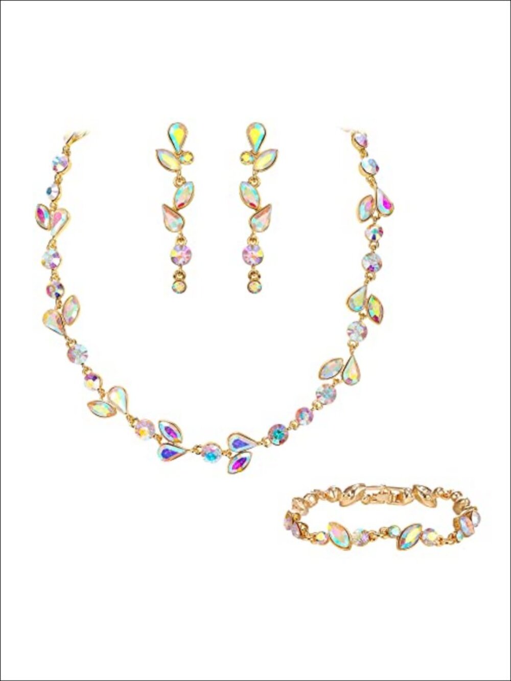 Crystal Rhinestone Leaf Necklace Earrings Bracelet Set for Wedding Bridal Formal